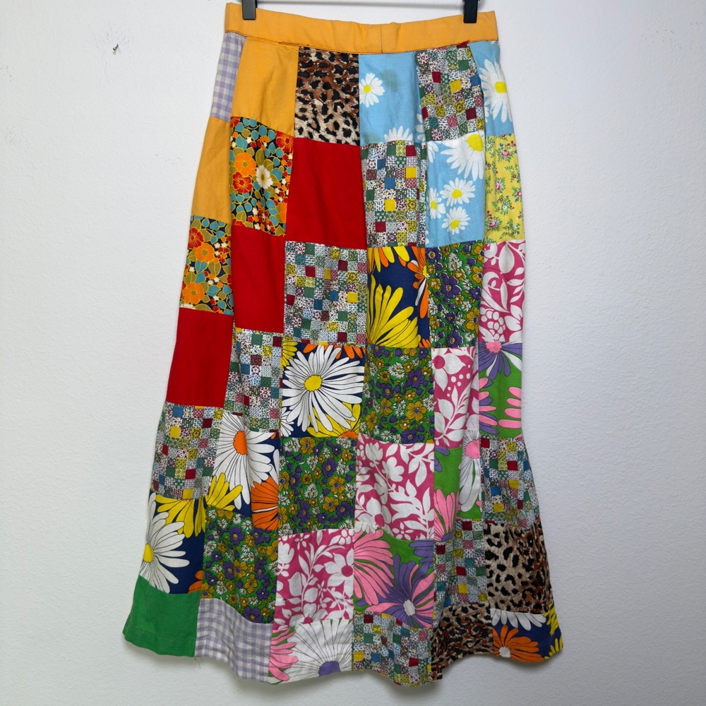 VTG 70s Retro Handmade Women Cotton Patchwork Maxi Skirt XS Floral Animal Granny